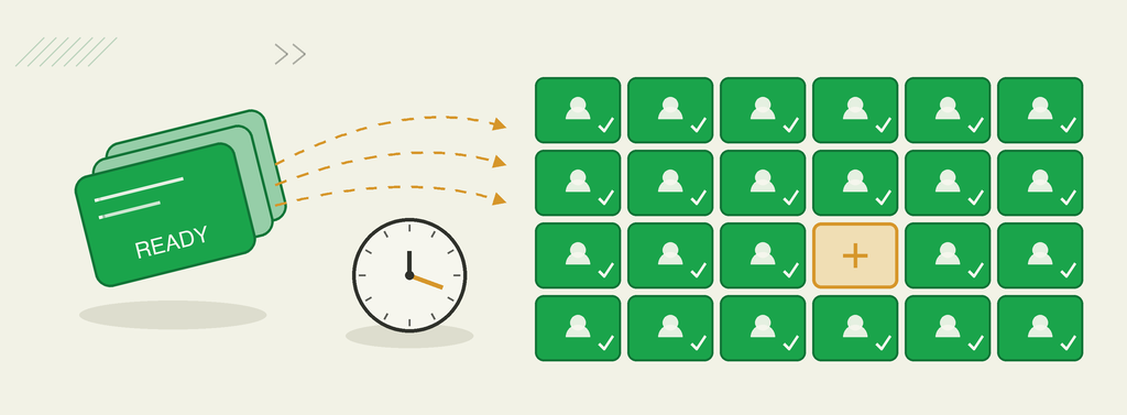 A stack of ready-to-ship cards on the left, a clock marking the wait in the middle, and a calendar grid on the right almost entirely full with only one open slot highlighted.