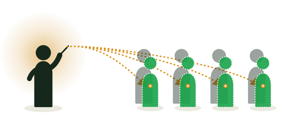 A conductor on the left, an amber glow behind, raises a baton and sends orange cue lines to a row of green digital twins, each drawn with a dashed outline, while the real person each twin is modelled on stands faintly behind it.